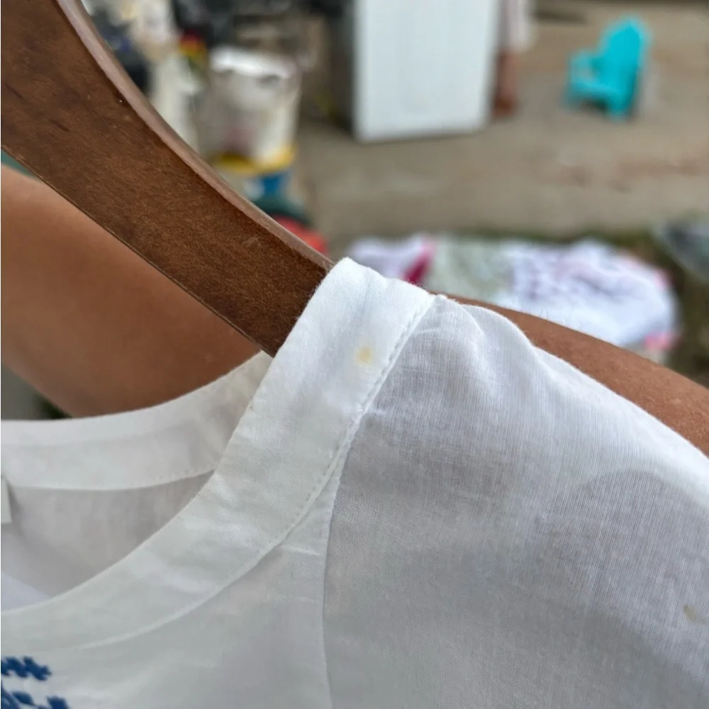 J. Crew White Top with Blue Embroidered Front